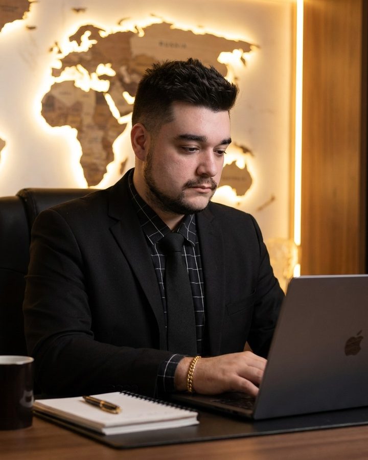 André Oliveira, advogado, trabalhando no notebook